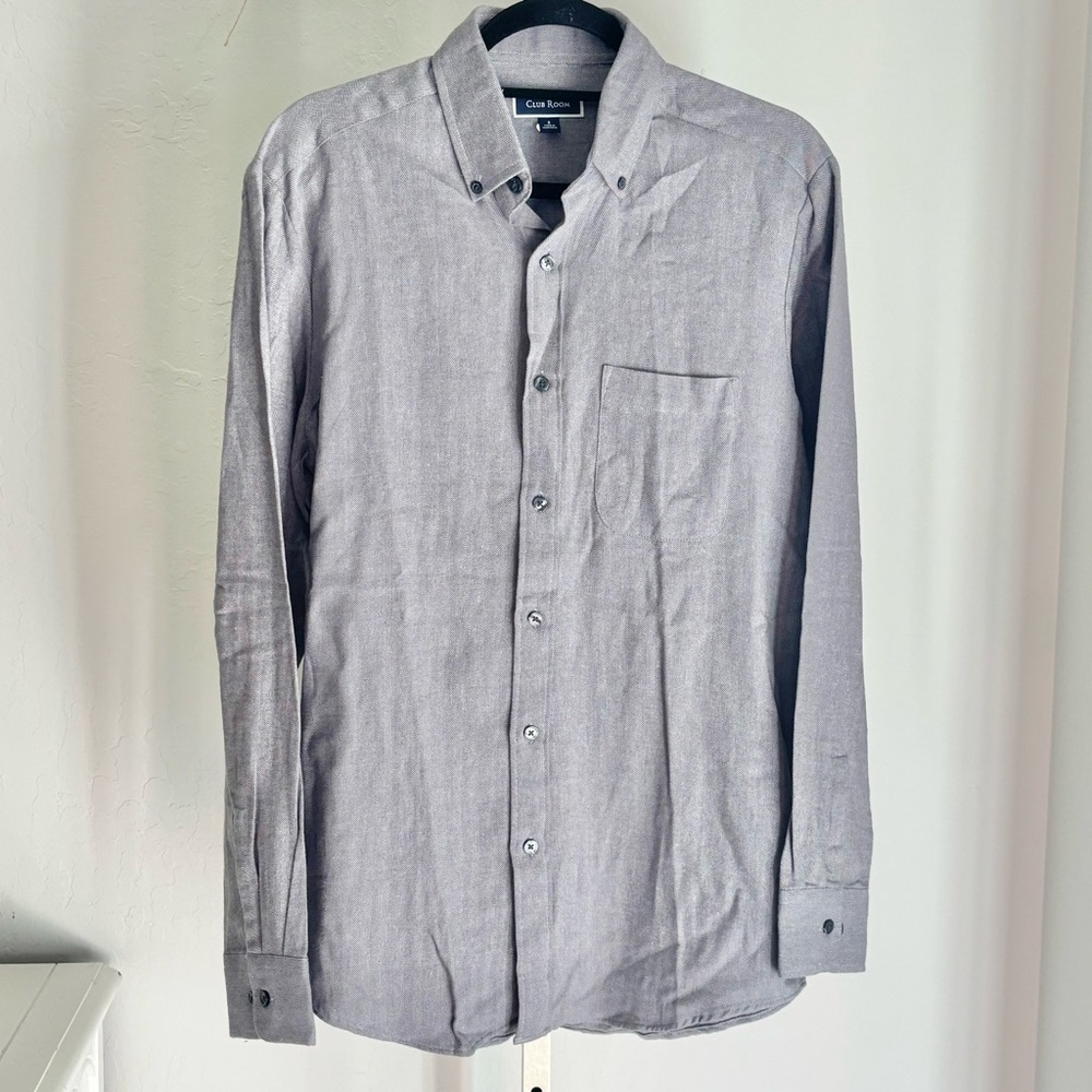 Club Room Men's Nine Iron Herringbone L/S Button Down Shirt, Small Gray